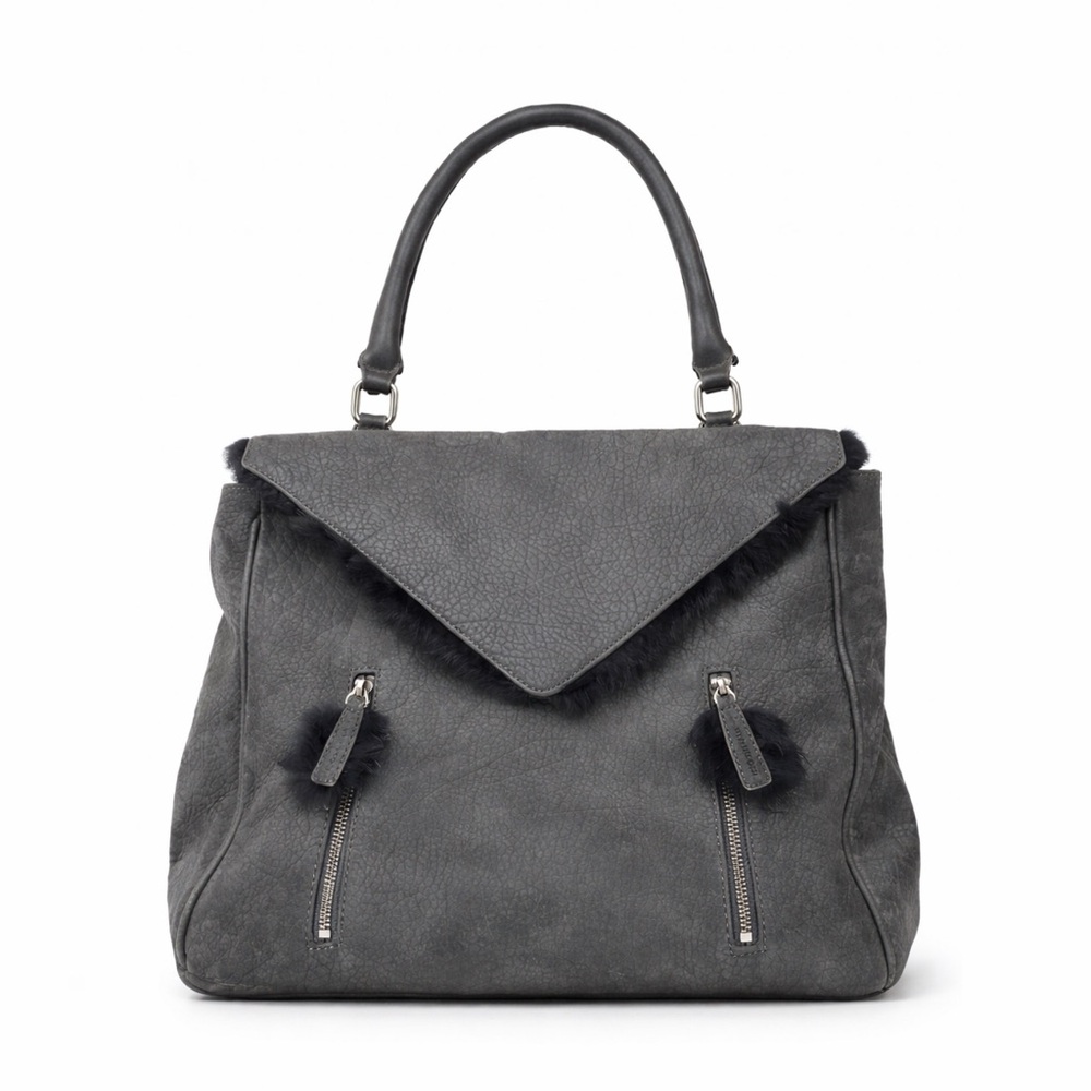 Romy Gold Gray Pebbled Leather Satchel Bag with Fur Trim